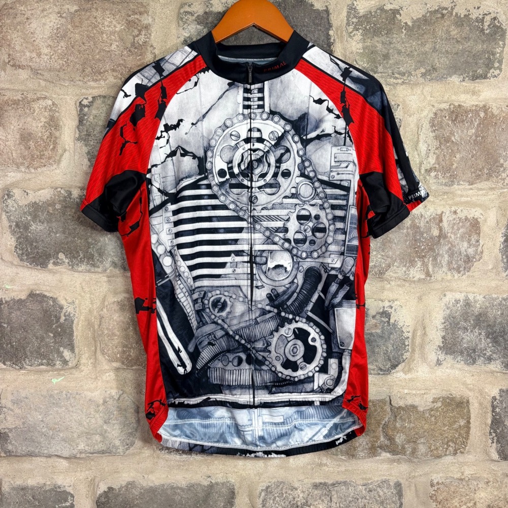 Primal Mens XL Cycling Jersey Steampunk Gear Skeleton Red Black Short Sleeve Zip